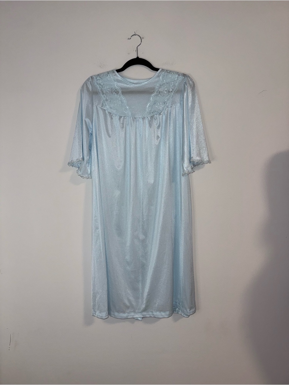 VTG 70s Nancy King Lingerie Baby Blue Satin Lace Peignoir Sz M